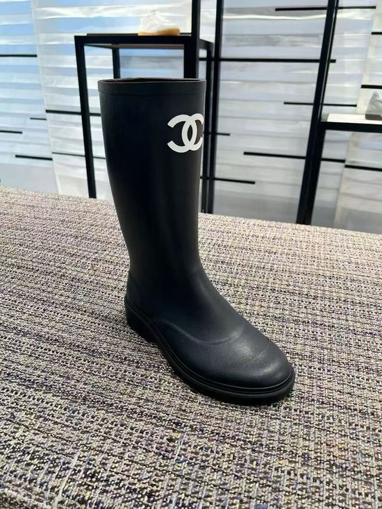 CHANEL Shoes - CHANEL Black Mid-Calf Rain Boot with White CC Logo